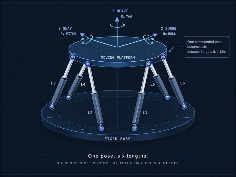 One pose, six lengths. The controller never commands a leg directly. It commands a platform pose; geometry decides what each of the six legs must do.