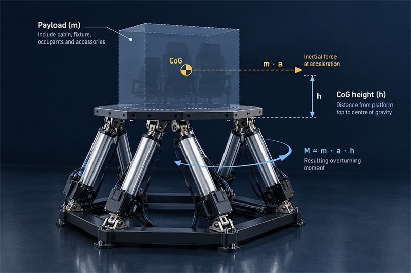 6DOF motion platform payload, CoG height and acceleration moment diagram.