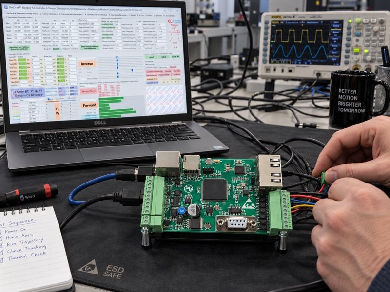 Engineer testing a motion controller board with control software and an oscilloscope