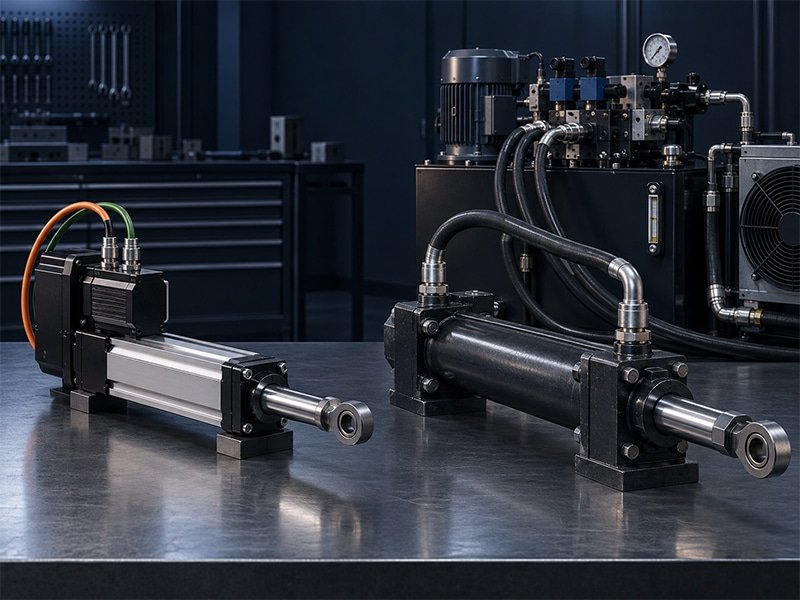 Servo electric and hydraulic cylinders side by side on a workbench, showing electrical cables, hydraulic hoses and a hydraulic power unit.