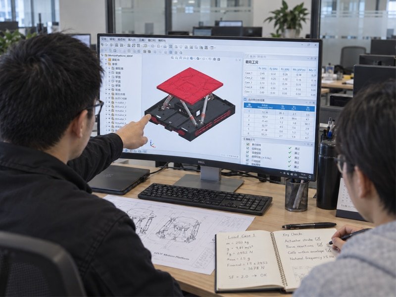 Two engineers reviewing a 6DOF motion platform CAD model